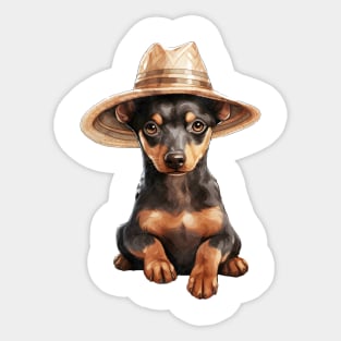 Watercolor Doberman Pinscher Dog in Straw Hat Sticker